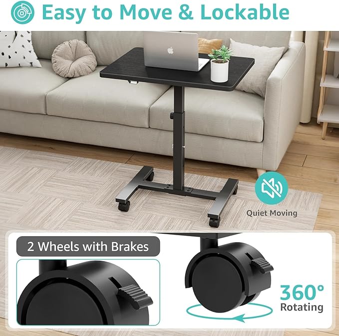 Small Portable Standing Rolling Desk - 24 Inch Mobile Sit Stand Desk Adjustable Height with Wheels for Small Spaces Home Office, Kids Couch Laptop Desks Side End Table, Black