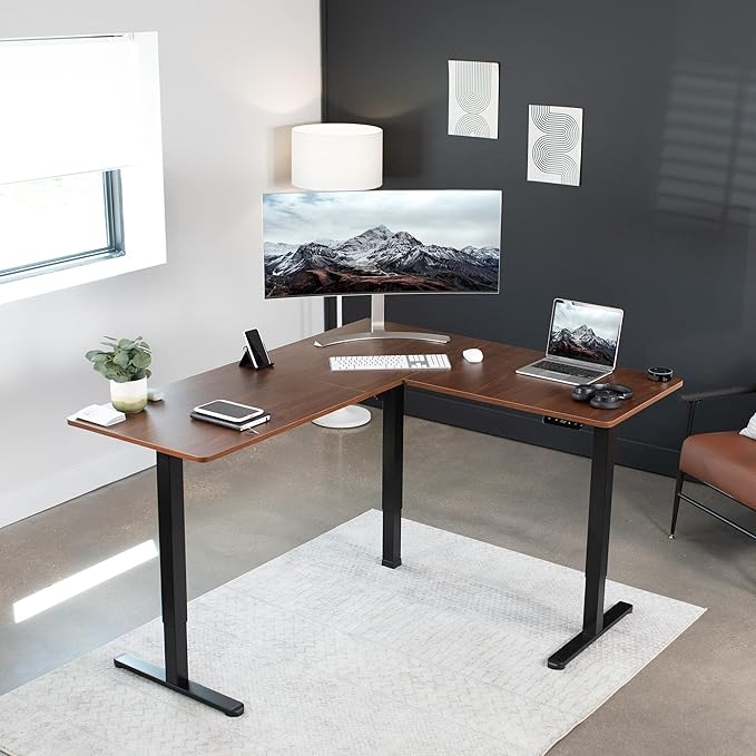 VIVO Corner Standing Desk, 63 x 55 inch Reversible L-Shaped Workstation, Electric Height Adjustment, Home, Office, and Reception Rooms, Dark Walnut Table Top Black Frame, DESK-E3CTD