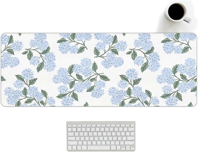 Blue Desk Mat, Hydrangea Mouse Pad Flroal Desk Matt for Desktop, Blue and White Extra Long Desks Mat Aesthetic Hydrangea Gifts Office Accessories for Women 31.5x11.8