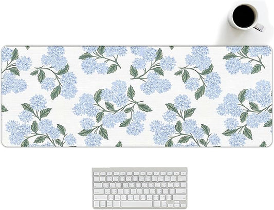 Blue Desk Mat, Hydrangea Mouse Pad Flroal Desk Matt for Desktop, Blue and White Extra Long Desks Mat Aesthetic Hydrangea Gifts Office Accessories for Women 31.5x11.8