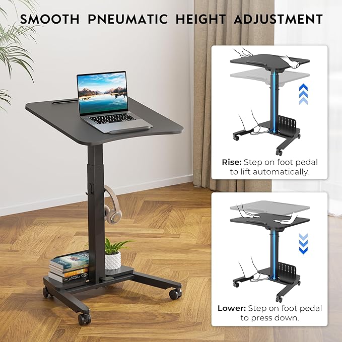 BONTEC Mobile Standing Desk Adjustable Height, Rolling Laptop Cart with Storage Shelf, Hooks, Portable Workstation with Pneumatic Lift, Ergonomic Compact Home Office Desk, Black 23.6" x 20.5"