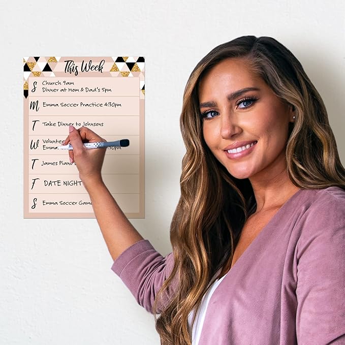 Dry Erase Weekly Calendar Planner Sticker Decal | Removable & Reusable | Magnetic Fine-Tip Marker Included (9 x 12 inches, Rose & Gold)