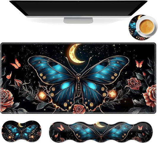 Gaming Mouse Pad Set, Butterfly Roses Moon Large Desk Mat Mousepad, Keyboard Wrist Support, Mouse Wrist Rest, Coaster 4in1 Ergonomic Memory Foam, Non-Slip Stitched Edge for Home Office