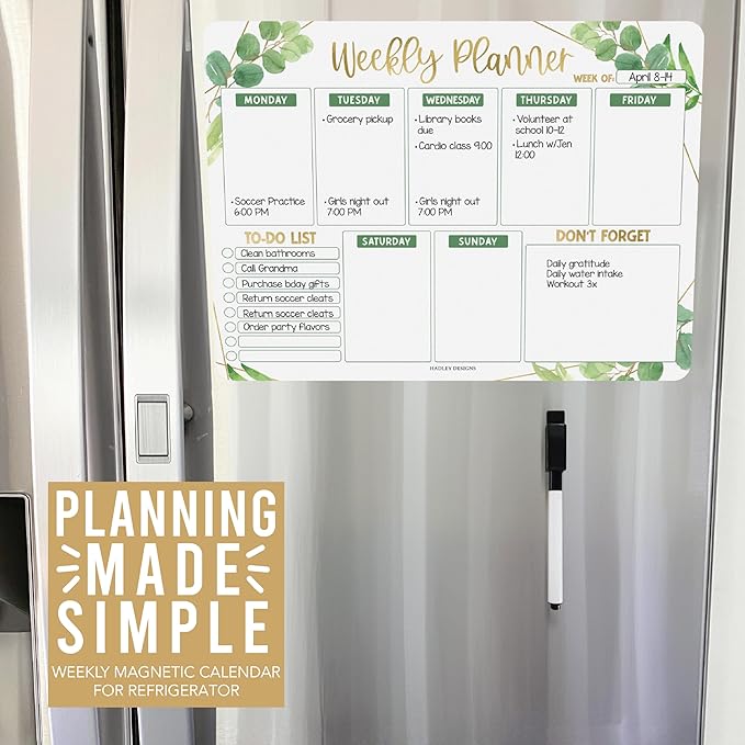 Greenery Dry Erase Weekly Calendar for Fridge - Magnetic Whiteboard, Schedule Board, White Board