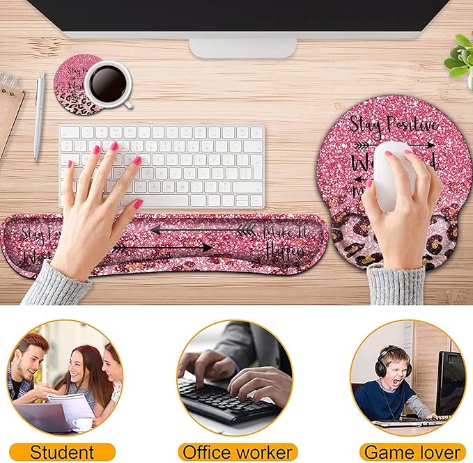Keyboard Wrist Rest and Mouse Pad with Wrist Support, Ergonomic Gel Mouse Pad Coaster,Easy Typing Pain Relief, Memory Foam Keyboard Mousepad Set,Pink Faux Glitter Leopard