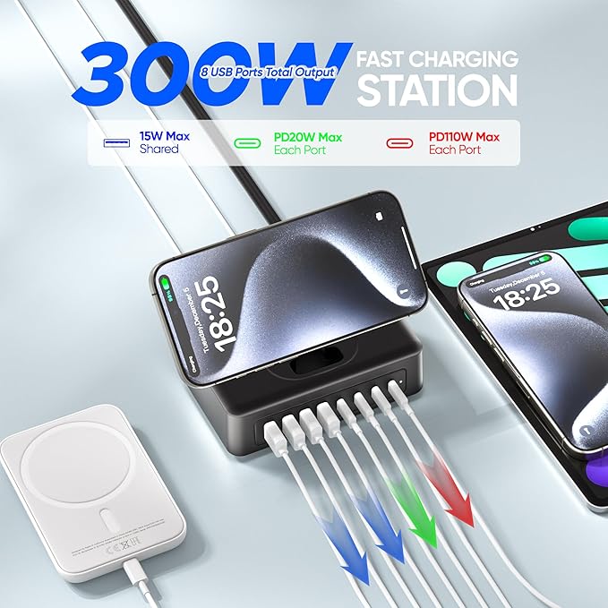 300W USB Charging Station, 11-in-1 USB C Power Strip Surge Protector, 2AC Outlets & 8USB Ports, 5ft Flat Plug Extension Cord with Multiple Devices, Desktop Charger for Home Office Desk Accessories