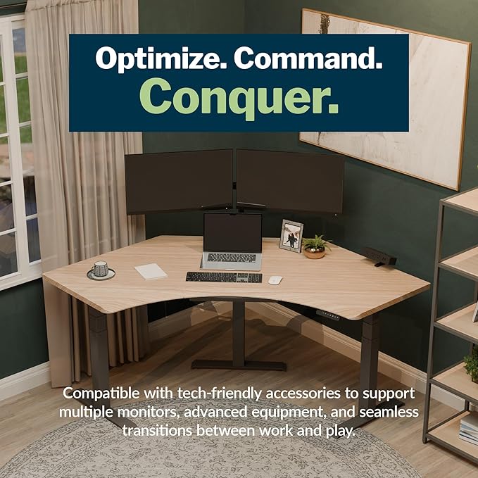 Vari Command Center Electric Standing Desk – 120° Curved Sit-Stand Gaming Desk Corner Workstation for Triple Monitors + Sloped Front Edge, 4 Height Settings, 200 lb Capacity (Light Wood/Slate)