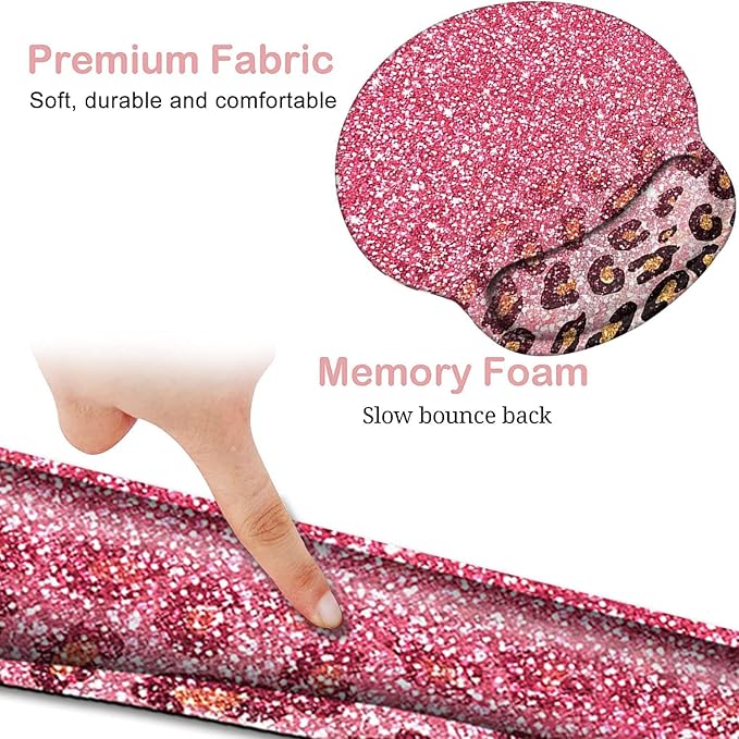 Keyboard Wrist Rest and Mouse Pad with Wrist Support, Ergonomic Mouse Pad Coaster,Easy Typing Pain Relief, Memory Foam Keyboard Mousepad Set, Pink Leopard
