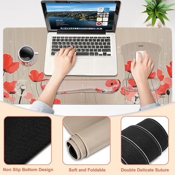 MEGREZ 4-in-1 Ergonomic Memory Foam Wrist Rest Set, Desk Pad, Mouse Pad with Wrist Rest, Keyboard Pad, Suitable for Office Workers, Programmers & Gamers–Relieve Typing & Gaming Fatigue, Light Brown