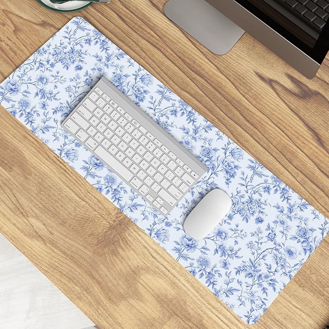 Light Blue Chinoiserie Mouse Pad,Vintage Blue and White Floral Desk Mat,XL Large Vintage Floral Preppy Mouse Pad,Girly Laptop Desk Mat for Dorm Home Office Decor,31.5x11.8 in