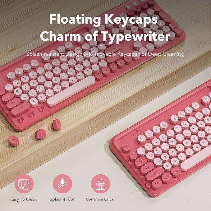 Wireless Keyboard and Mouse Combo, Cute Full-Size Typewriter-Style Keyboard, Retro Round Keycaps, Phone/Tablet Holder, 3-Level DPI Mouse, 2.4GHz Cordless for Mac Windows PC Laptop, Trueque CK13, Pink
