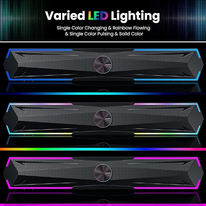 Computer Speakers PC Sound Bar with Stereo Sound, Flowing LED & Push-Button Control Computer Speaker for Desktop Laptop Monitor, USB Input Black