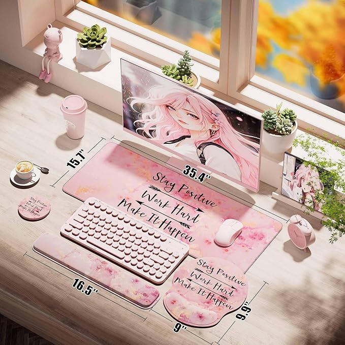 Large Mouse Pad and Keyboard Wrist Rest + Desk Mat Set,Full Long Mouse Pads for Desk Accessories with Memory Foam Gel Pink Mousepad for Women Computer Desktop Office Work-Pink & Black Slogan