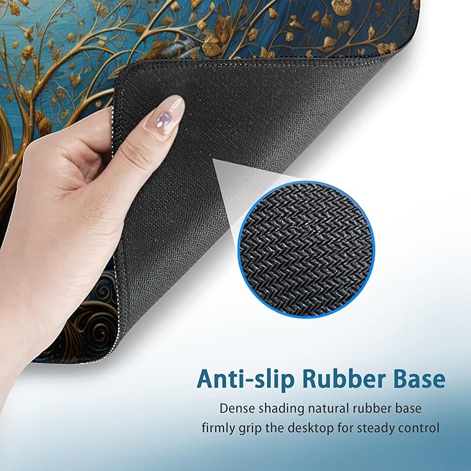 Desk Mat, Blue Golden Tree and Waves Extended Gaming Mouse Pad Large, 31.5"x15.7" 3D Modern Art Landscape Mouse Pad with Non-Slip Base and Stitched Edge,Computer Keyboard Mouse Mat for Home Office