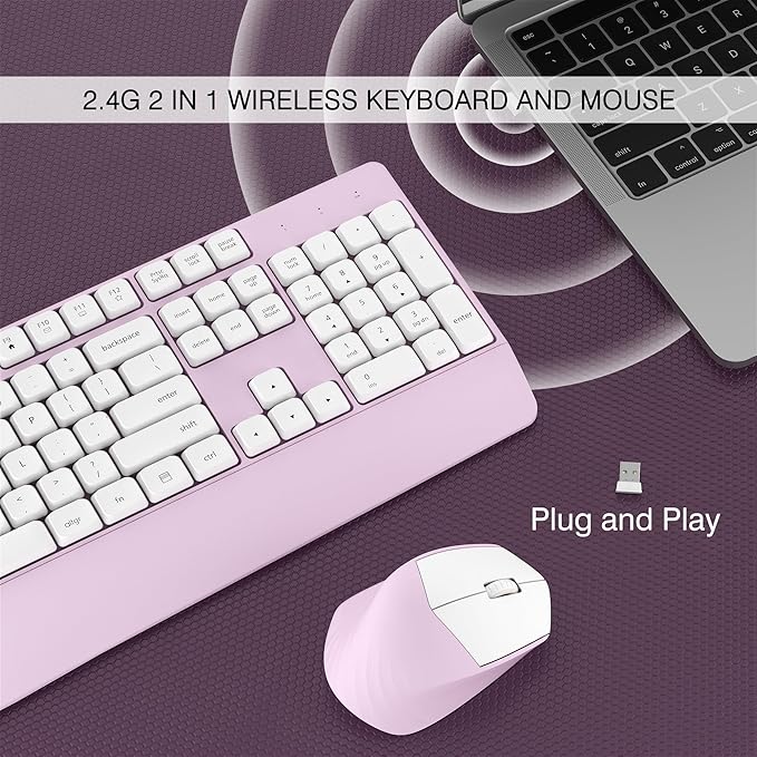 Wireless Keyboard and Mouse Combo, Full-Sized 104 Keys 2.4GHz Wireless Keyboard with Palm Rest and Wireless Mouse for Windows, Mac OS PC/Computer/Laptops/Desktops(Pink)