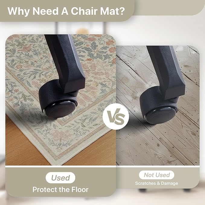 36"x48" Office Chair Mat for Hardwood Tile Floor, Under Desk Carpet Protector for Rolling Computer Chair Mat, Machine Washable Area Rug, Anti-Slip 1/5" Thick Low Pile Thin Vinyl Floor Mat, Beige Pink