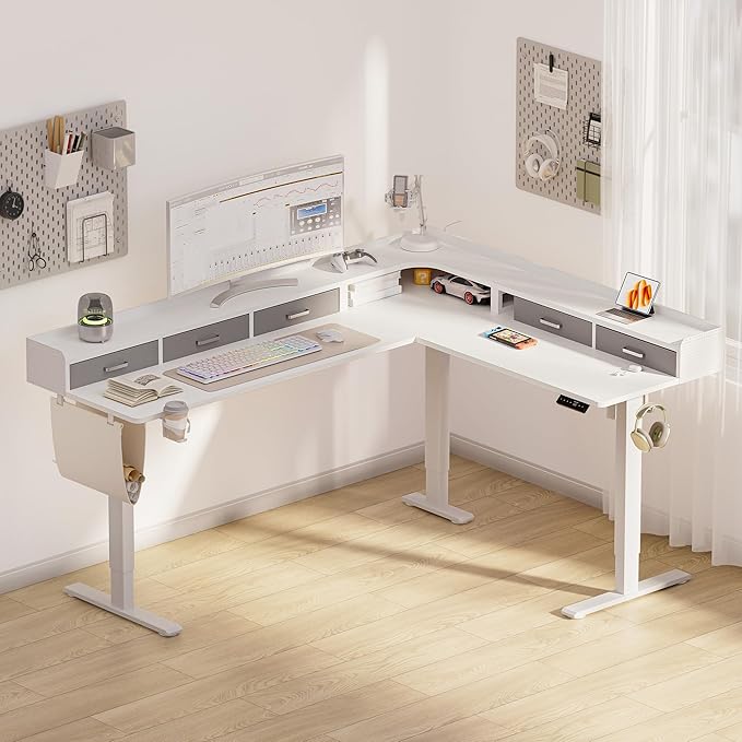 75 Inches Height Adjustable L Shaped Standing Desk with 5 Drawers and Monitor Shelf, Electric Sit to Stand Home Office Comupter Table, Ergonomic Corner Gaming Desk, White