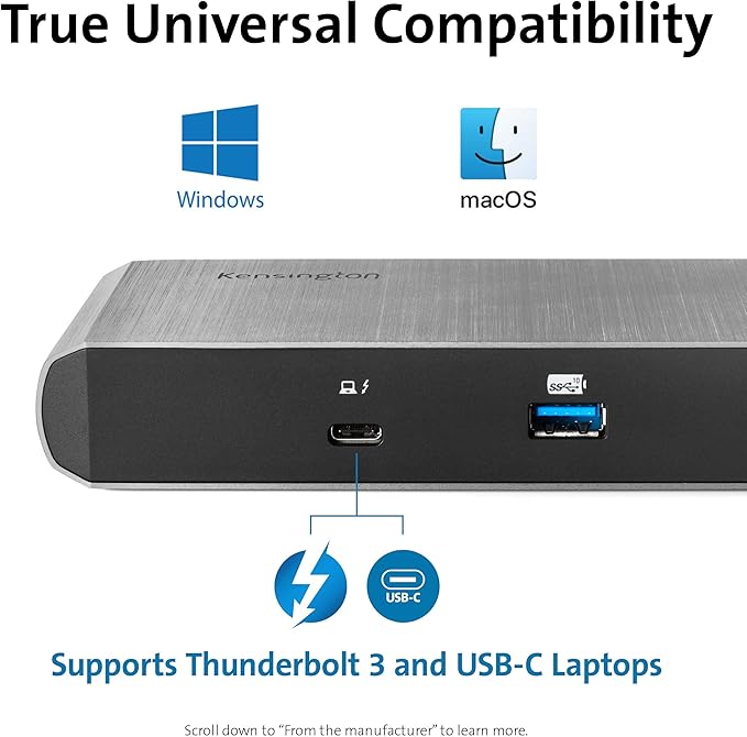 Kensington SD5500T Thunderbolt 3 and USB-C Docking Station, Dual 4K DisplayPort, for Macbooks, Windows and Surface, 60W PD (K38130US)