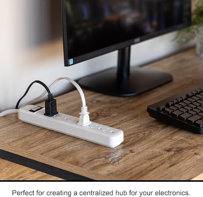 GE 6-Outlet Surge Protector, 2 Ft Extension Cord, Power Strip, 450 Joules, Twist-to-Close Safety Covers, UL Listed, White, 33656
