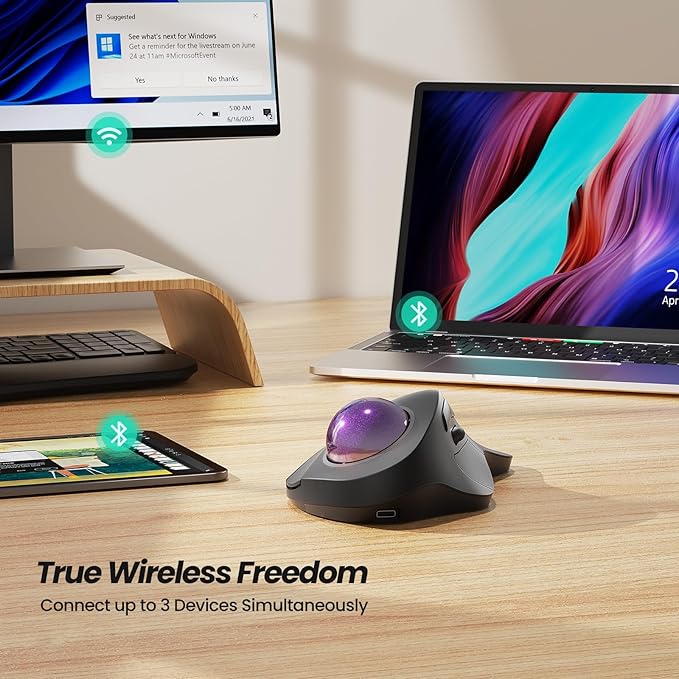 Nulea Wireless Ergonomic Trackball Mouse, Rechargeable, Bluetooth Rollerball Mouse, 44mm Index Finger Trackball, 5 Adjustable DPI, Compatible with PC, Laptop, iPad, Mac, Windows, Android