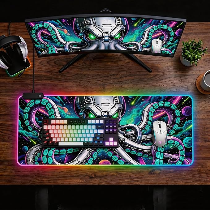 Cyberpunk Mechanical Octopus RGB Gaming Mouse Pad – 31.5"x11.8" XL LED Desk Mat with Neon Space Kraken Design, Upgraded Type-C Powered for PC & Laptop Setup