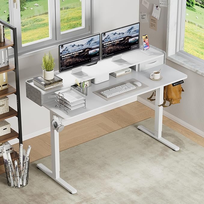 Furmax Electric Standing Desk with Drawers, Stand Up Desk with Storage Shelf Height Adjustable Computer Desk with Organizer for Home Office Ergonomic(White, 55 Inch)