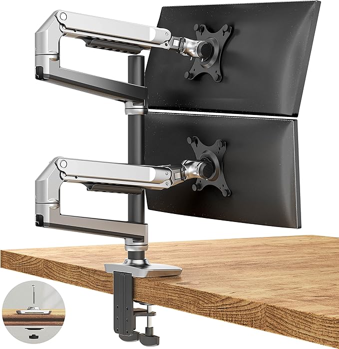 Premium Dual Monitor Stand for Desk, High-Grade Aluminum Stacked Monitor Arm with Heavy-Duty Mechanical Spring, Adjustable Vertical Double Monitor Mount for 13-40 inch Screens, Silver