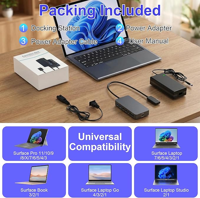 12 in 1 New Surface Docking Stationg, Triple Displays VGA + Dual 4k@30hz HDMI, Surface Dock for Surface Pro 11/10/9/8/X/7/6/5/4/3, Surface Laptop, Surface Laptop Go, Surface Go Dock, Surface Book Dock