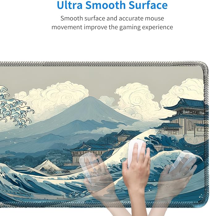 Kanagawa Wave Surfing Mouse pad,Large Japanese Anime Pattern Desk mat with Sewn Edges, microwoven Fabric, Easy to Clean, Suitable for Laptop Gaming Mouse pad (31.5×11.8in)
