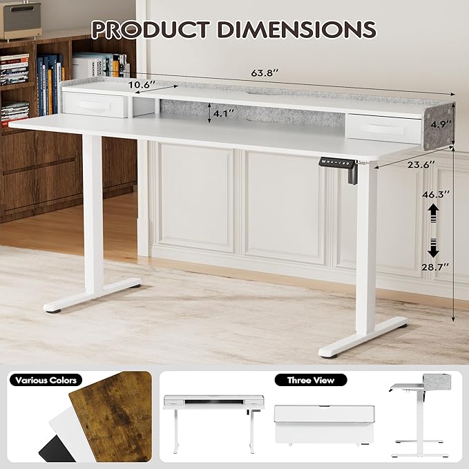 Furmax Electric Standing Desk with Drawers, Stand Up Desk with Storage Shelf Height Adjustable Computer Desk with Organizer for Home Office Ergonomic(White, 63 Inch)