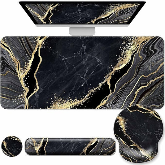 Desk Mat Set + Keyboard and Mouse Pad with Wrist Rest Support,4-in-1 Large Mousepad Computer Mats for Desktop Home & Office-Marble 3