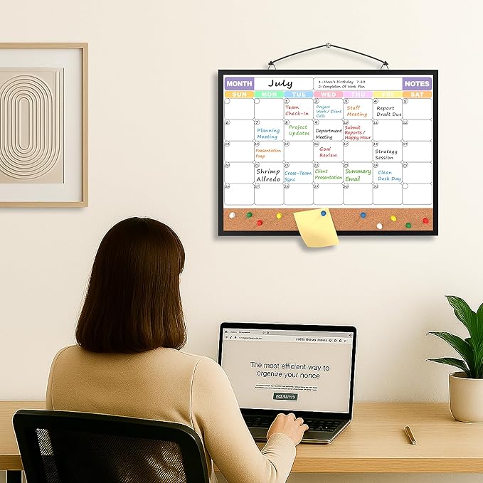 Monthly Calendar Dry Erase Board 16x12 Inch, Double-Sided Whiteboard and Corkboard Combo with Black Aluminum Frame (Color Calendar), Wall Mounted Organizer with Markers, Magnets, Push Pins, Eraser