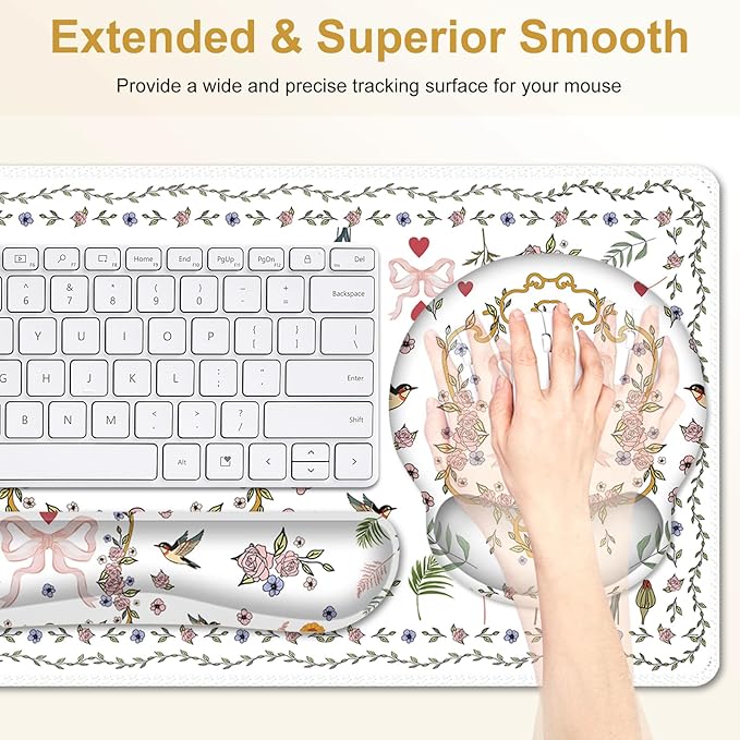 White Florals Mouse Pad, XXL Large Desk Mat Extended Nature Aesthetic Desk pad, 4 PCS Non-Slip Rubber Base Computer Big Mousepads for Work, Game, Office, Home Decor I Weeds Vintage Birds
