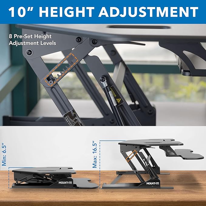 Mount-It! Corner Standing Desk Converter | Height Adjustable 43” Wide Desktop | Corner Stand Up Desk with Gas Spring Handle | Stand Up Computer Workstation with Ergonomic Keyboard Tray | Black