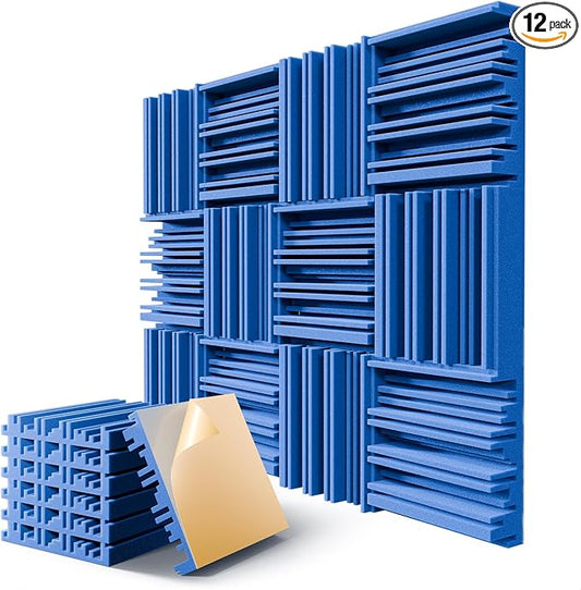 12 Pack Acoustic Foam Panels for Walls, 12" x 12" x 2" Soundproof Wall Panels, Self-Adhesive Soundproofing Padding, High Resilience Sound Absorbing Panels for Home Studios, Offices - Blue
