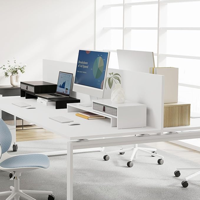 Fenge Computer Monitor Riser Stand with Drawer for 2 or 3 Monitors ,Adjustable Length and Angle Desktop Laptop Stand,Office Organizer,Printer,White