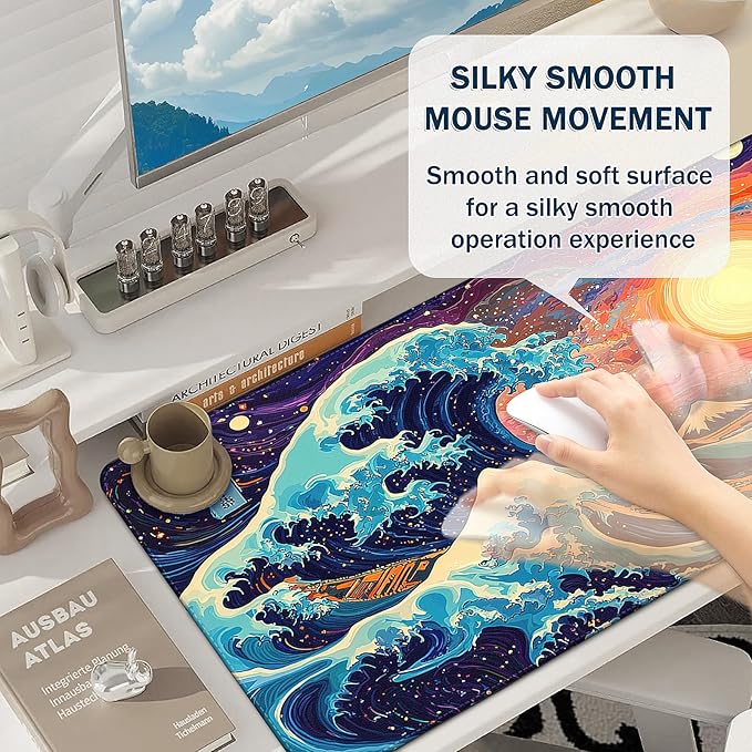 Mouse Pad Gaming - Desk Mat for Keyboard and Mouse - Japanese Sea Wave Large Mouse Pads for Desk, Desks Pad(35.4" X 15.7") with Non-Slip Base, Kanagawa Gaming Mousepad for Game, Office and Home