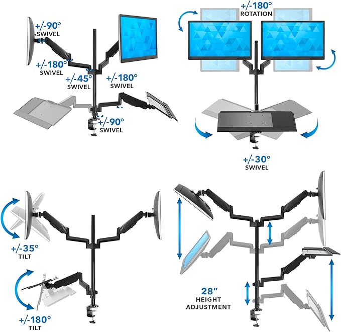 Mount-It! Dual Monitor Arm Desk Mount Sit-Stand Workstation with Keyboard Tray, Height Adjustable Gas Spring, Fits Two 17–32” Screens, 17.6 lbs Each, VESA 75x75 100x100, Clamp or Grommet (Black)