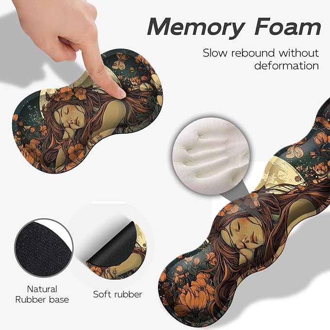 Gaming Mouse Pad Set, Moonlight Girl Large Desk Mat Mousepad, Keyboard Wrist Support, Mouse Wrist Rest, Coaster 4in1 Ergonomic Memory Foam, Non-Slip Stitched Edge for Home Office