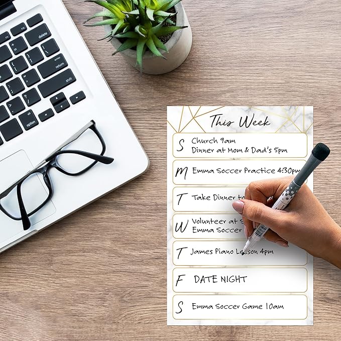 Dry Erase Weekly Calendar Planner Sticker Decal | Removable & Reusable | Magnetic Fine-Tip Marker Included (6 x 9 inches, Marble)