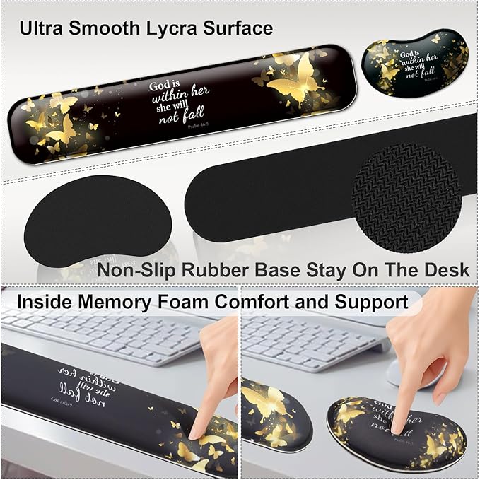 Keyboard Wrist Rest + Mouse Pad with Wrist Support + Desk Mat + Coaster 4 in 1 Set,Desk Matt for Desktop,Cute Large Gaming Ergonomic Mousepad for Computer Laptop Office Home Decor-Gold Butterfly
