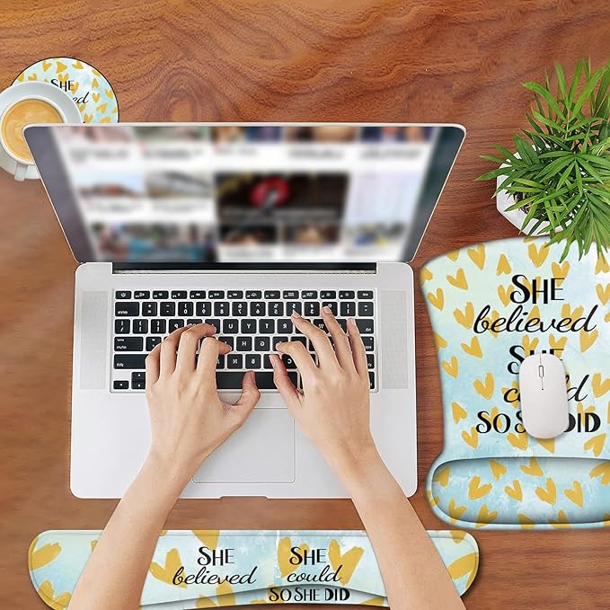 Ergonomic Mouse Pad, Mouse Wrist Rest Pad + Keyboard Wrist Rest Pad + Coaster, Made of Memory Foam, Easy to Use and Relieve Wrist Pain, Office, Home - She Believed She Could So She Did