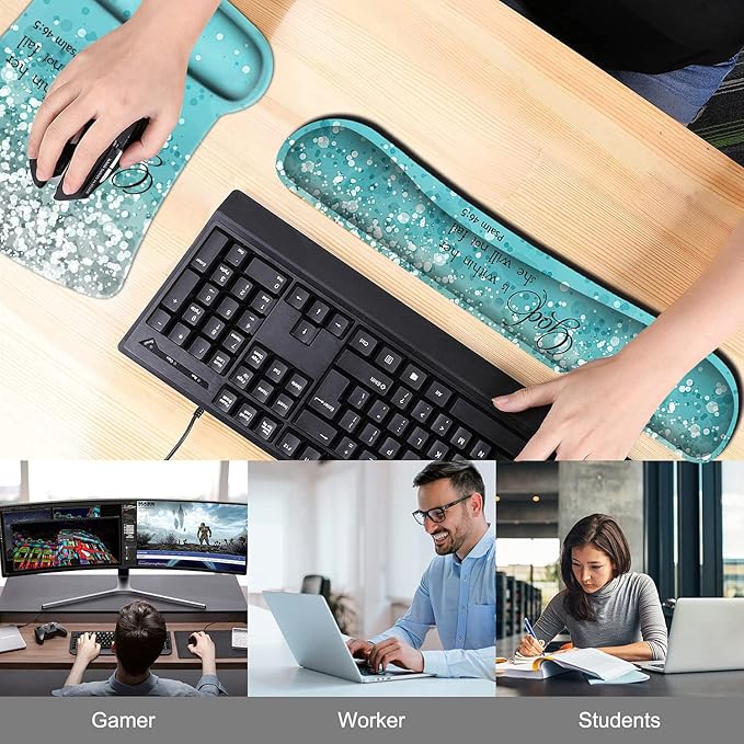 Keyboard Wrist Rest Pad and Ergonomic Mouse Pad Wrist Support Set Psalm 46:5 God is Within Her, She Will Not Fall Blue Glitter for Gaming, Office, Comfortable and Pain Relief with Coaster Set