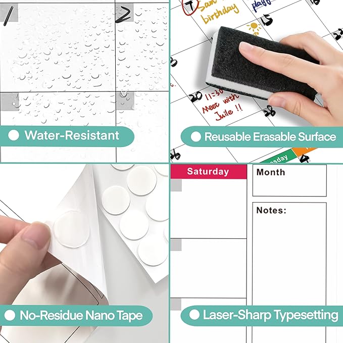 24" x 36" Dry Erase Wall Calendar large - Undated 3-Month Agenda Planner Calendar, Erasable and Reusable Whiteboard, 20 non-mark round double-sided glue, Vertical Layout for Office, Classroom, or Home