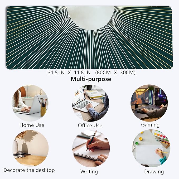 Boho Gold Sunburst Mouse Pad,XL Large Retro Minimalist Art Aesthetic Desk Mat,Dark Green Summer Sun Mousepad for Home Office Dorm Desktop Decor,31.5x11.8 Inch