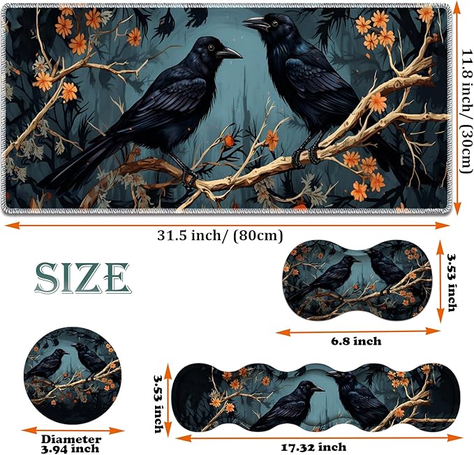Large Gaming Mouse Pad + Keyboard Wrist Rest + Wrist Support + Coaster Set, Memory Foam Ergonomic for Easy Typing, XXL Extended Gaming Mouse Pad Table Pad - Branch Crow
