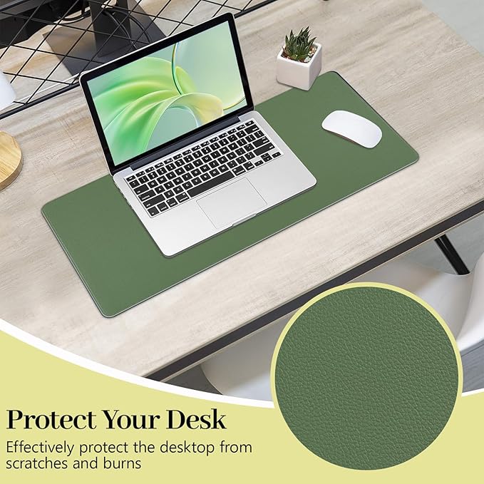 Olive Green Leather Desk Mat Large Mouse Pad, Waterproof Desk Pad for Keyboard and Mouse, Non-Slip Computer Desk Protector, Smooth Mouse Movement Desk Mat for Home and Office(23.6"×13.8")