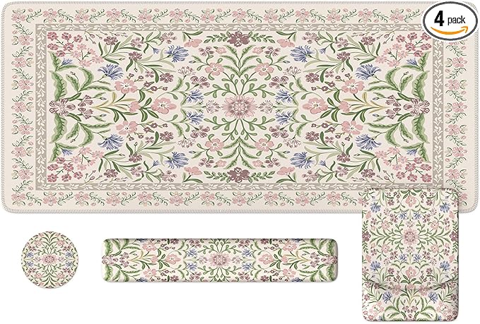 iLeadon Purple Desk Mat Set, Soft Mouse Pad Wrist Support, Anti-Fatigue Keyboard Pad with Wrist Support, Non Slip Long Floral Mouse Pad for Desktop, Teacher Desk Mat with Coaster for Office Women