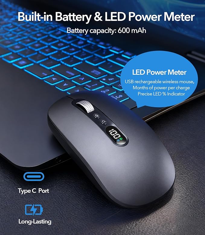 AI Wireless Mouse with Voice & Audio Recorder， Wireless Bluetooth Mouse for MacBook/PC/Laptop,Silent Design,2.4GHz USB-C Rechargeable, AI Writing/Summarize/Translate Office & Study