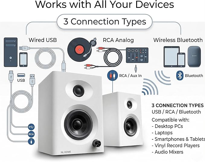 3-Inch Bluetooth 5.3 Computer Speakers for PC, Max 60W RMS Rich Stereo Sound with Good Bass & Clear Highs, Stable Aux/RCA Inputs, for Gaming, Home Office, Studio, White Pair